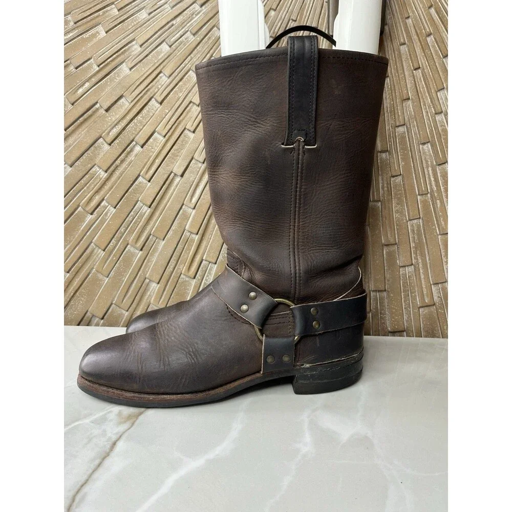 Vtg Frye Harnes Tall Moto Cowboy Boots Leather Brown Sz 10.5 Men